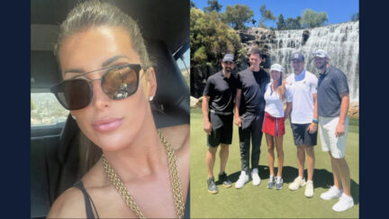 Sara King seen in a selfie (L) and with Aaron Rodgers, Tom Brady, Patrick Mahomes and Josh Allen on a golf course (R)
